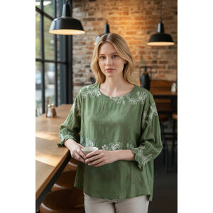 4636)Anneliese Peasant Green Floral Embroidery 3/4 Sleeve Pullover Blouse Large
